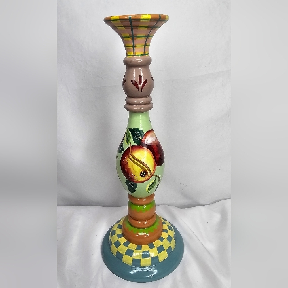 Tracy Porter 1998 Hand Painted Wood Fruit 13" Signed Candlestick French Folk Art